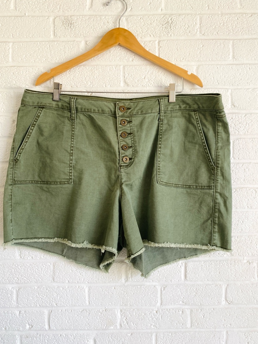 PLUS SIZE GREEN DENIM JORTS SHORTS BUTTON-FRONT SUMMER CASUAL FRAYED HEM SZ 22W